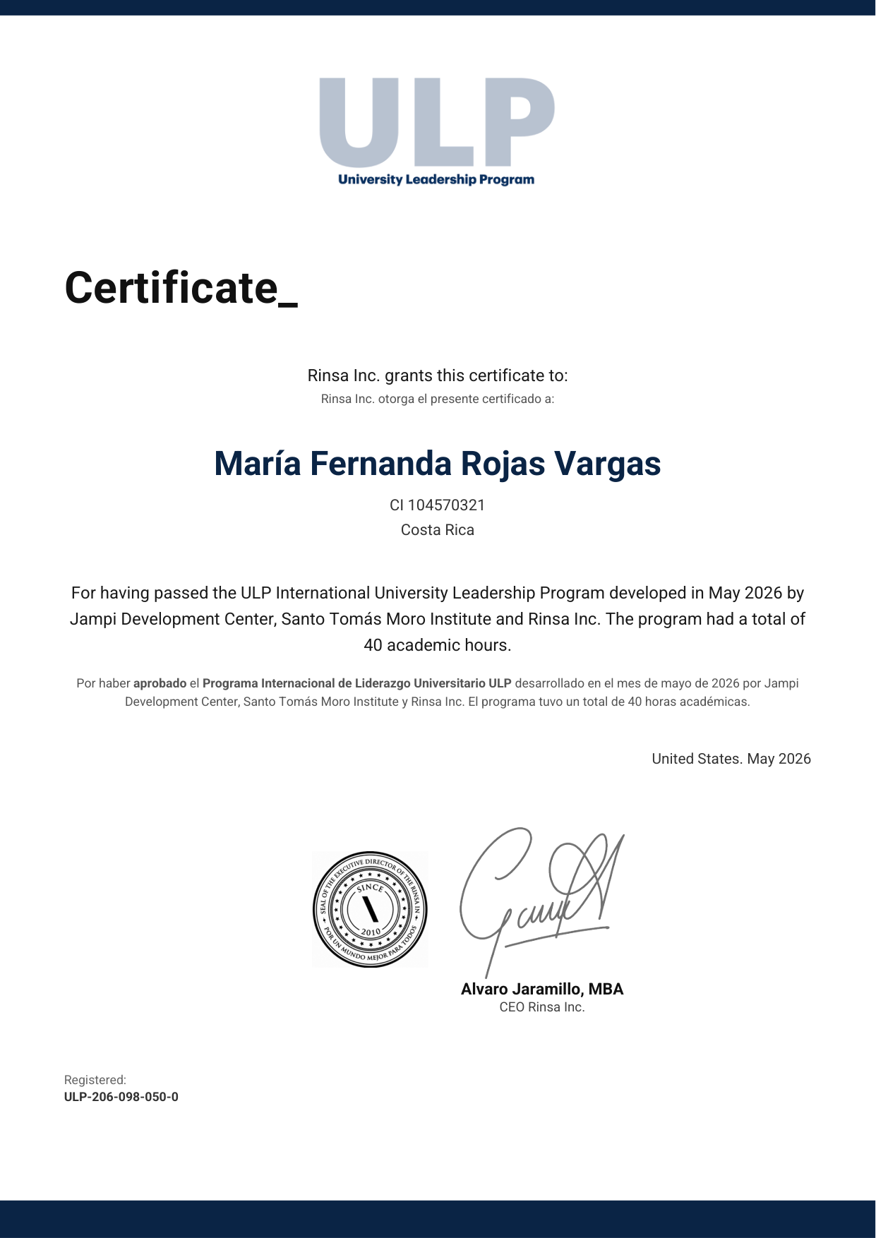 Certificado Internacional de Graduación ULP — Rinsa Inc